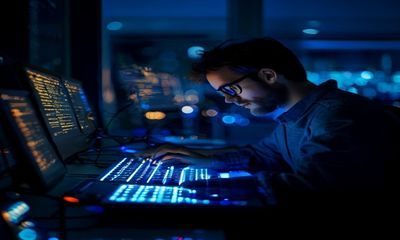 程序员在深夜办公室快速敲击键盘，键盘啪啪啪声响彻安静的夜晚，蓝色屏幕光映照专注的面容，展现啪啪啪键盘敲击场景